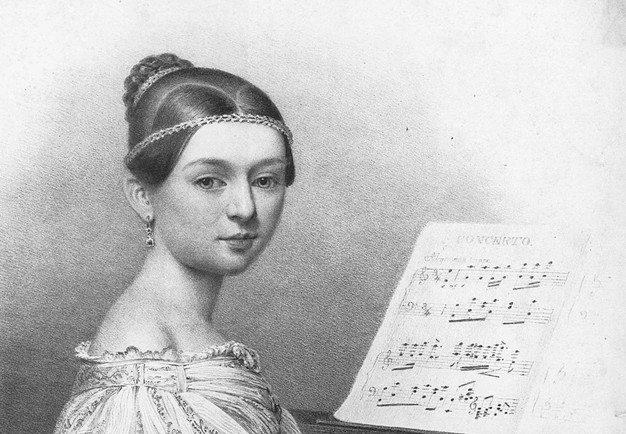 Illustration av ung kvinna vid piano.
